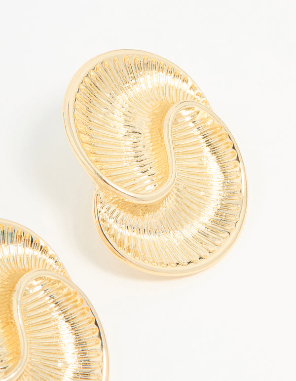 Gold Ribbed Swirl Small Stud Earrings