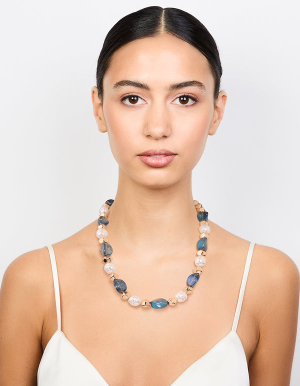 Gold Blue Beaded Short Necklace