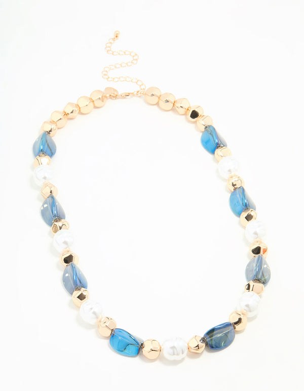 Gold Blue Beaded Short Necklace