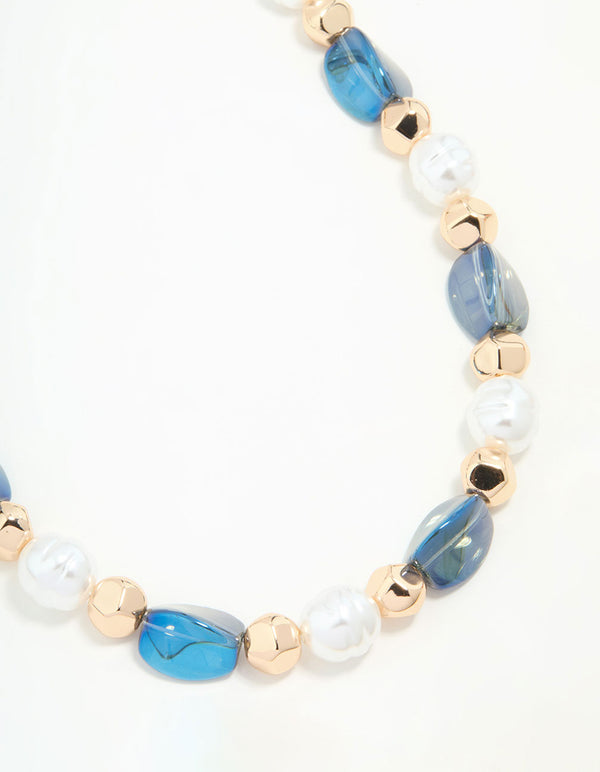 Gold Blue Beaded Short Necklace