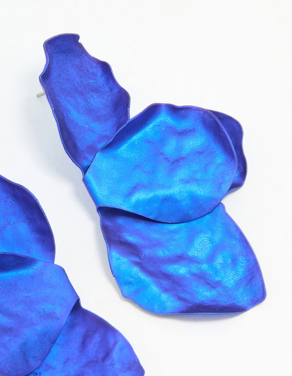Blue Coated Metal Petal Drop Earrings