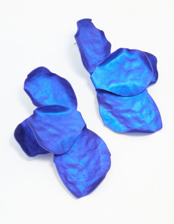 Blue Coated Metal Petal Drop Earrings