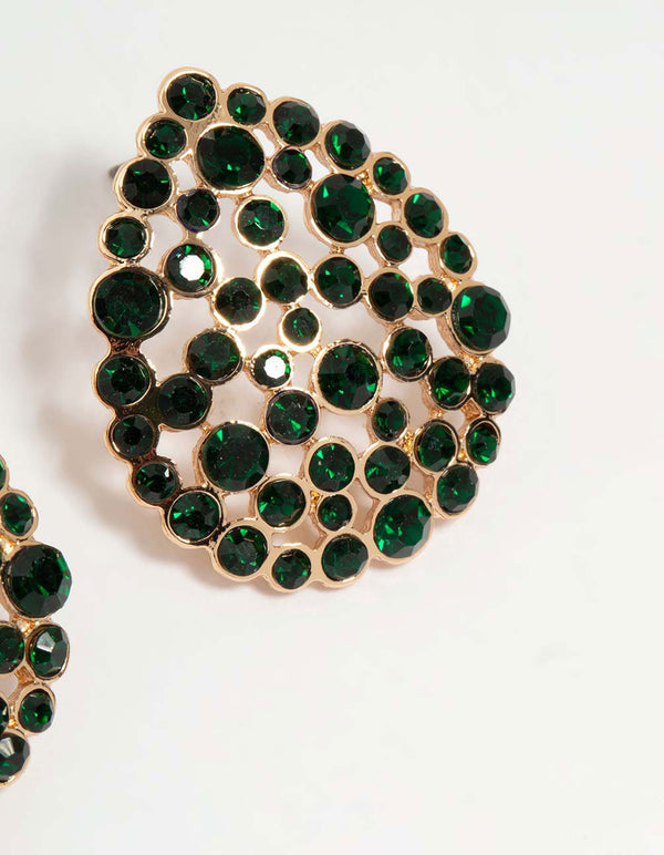 Rose Gold Green Diamante Teardrop Stud Earrings