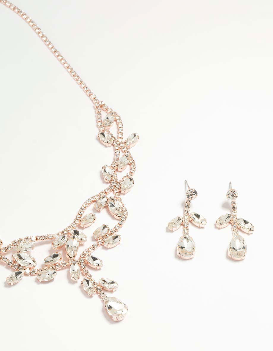 Rose Gold Floral Vine Cascading Necklace & Earrings Set