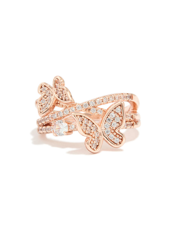 Rose Gold Cubic Zirconia Double Butterfly Wrap Ring
