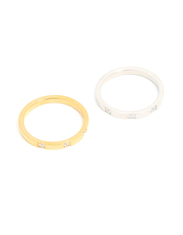 Showcasing waterproof mixed plated stainless steel cubic zirconia rings in a 2-pack with gold and silver tones front view