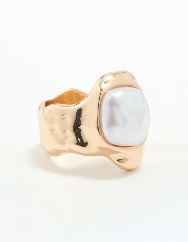 Gold Pearl Statement Molten Ring