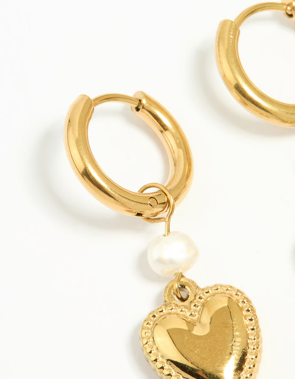 Waterproof Gold Plated Stainless Steel Pearl Heart Huggie Earrings