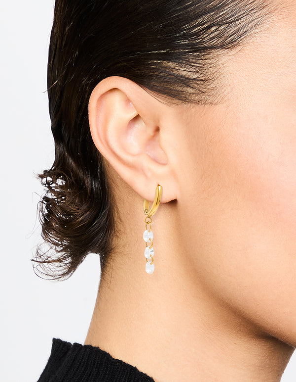 Waterproof Gold Plated Stainless Steel Cubic Zirconia Droplet Huggie Earrings