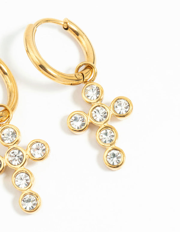 Waterproof Gold Plated Stainless Steel Diamante Cross Earrings 2-Pack
