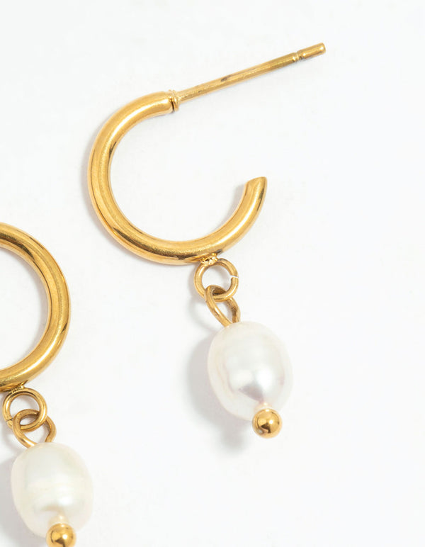 Waterproof Gold Plated Stainless Steel Dainty Pearl Earrings 2-Pack