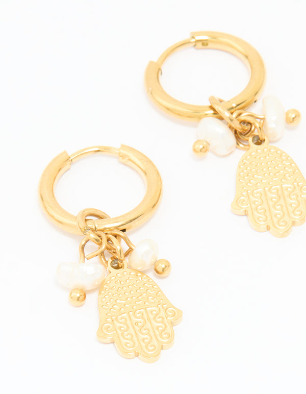 Waterproof Gold Plated Stainless Steel Hand & Bubble Huggie Earrings 2-Pack