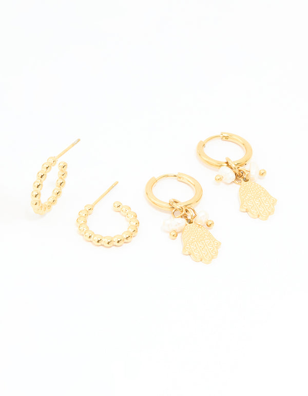 Waterproof Gold Plated Stainless Steel Hand & Bubble Huggie Earrings 2-Pack