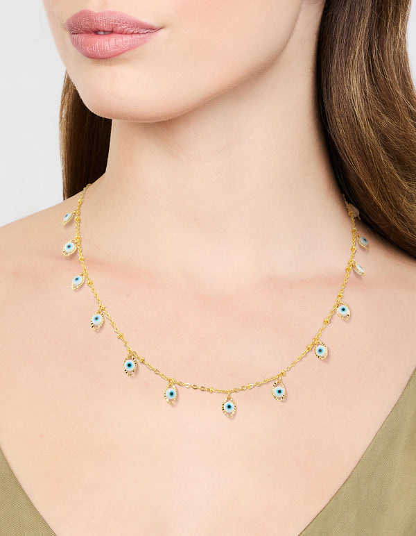 Featuring a waterproof evil eye charm necklace in gold plated stainless steel finish with pendant design on neck view