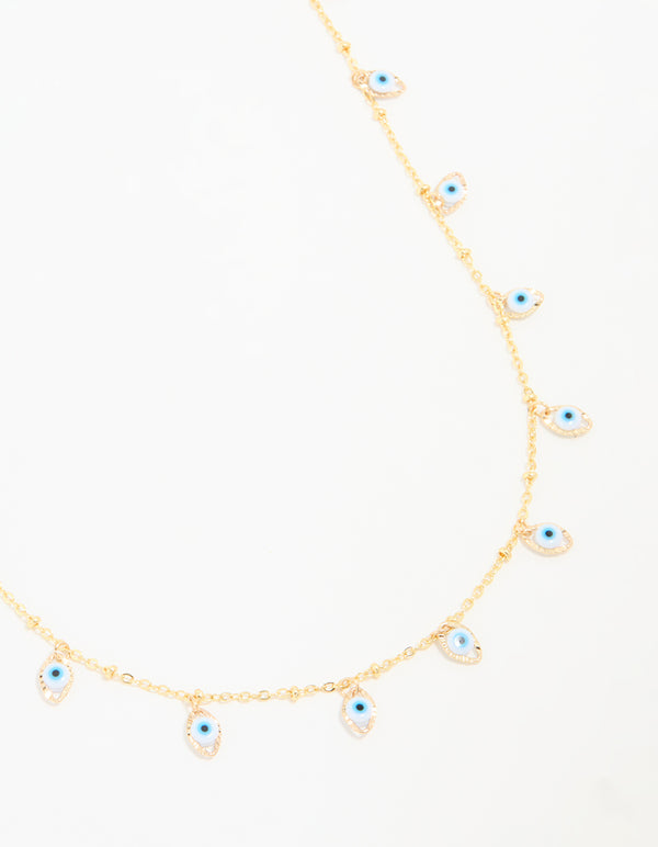 Showcasing a waterproof evil eye charm necklace crafted from gold plated stainless steel with pendant features close up view