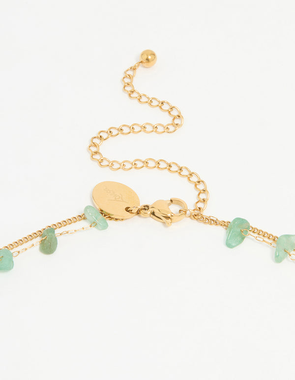 Designed with waterproof gold plated stainless steel, this layered necklace showcases green stone beads clasp detail view
