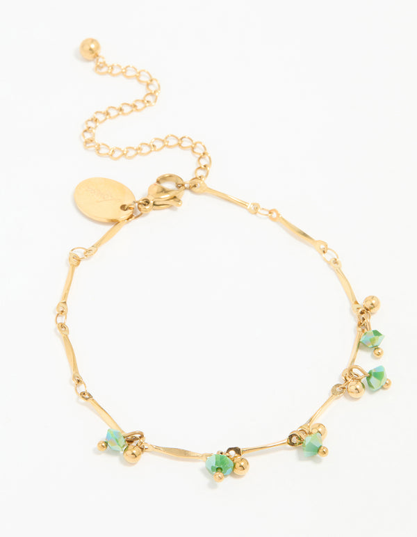 Waterproof Gold Plated Stainless Steel Green Beaded Bracelet