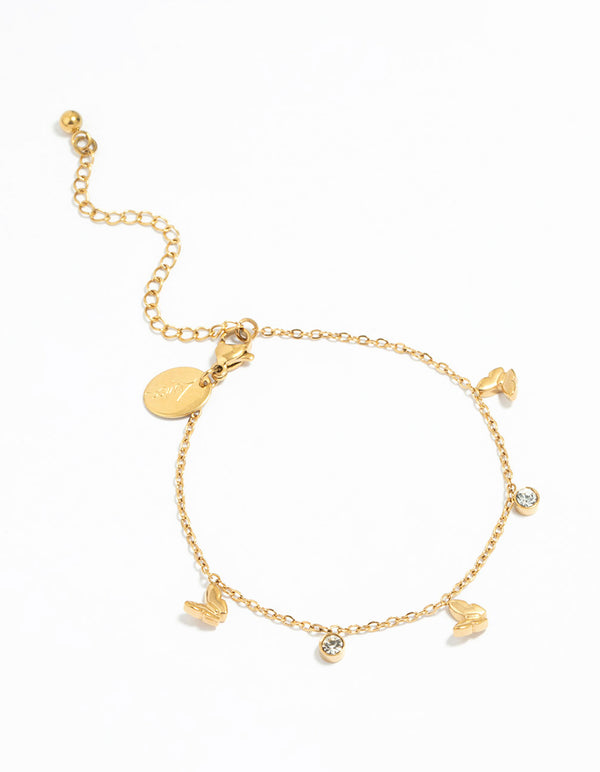 Waterproof Gold Plated Cubic Zirconia Droplet Butterfly Bracelet