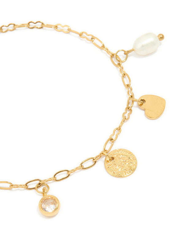 Waterproof Gold Plated Stainless Steel Pearl & Charm Bracelet