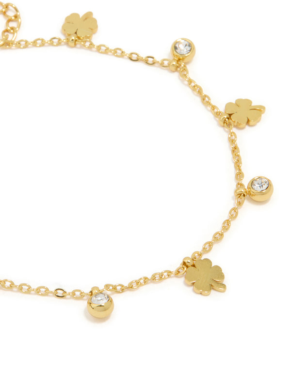 Waterproof Gold Plated Stainless Steel Cubic Zirconia Shamrock Bracelet