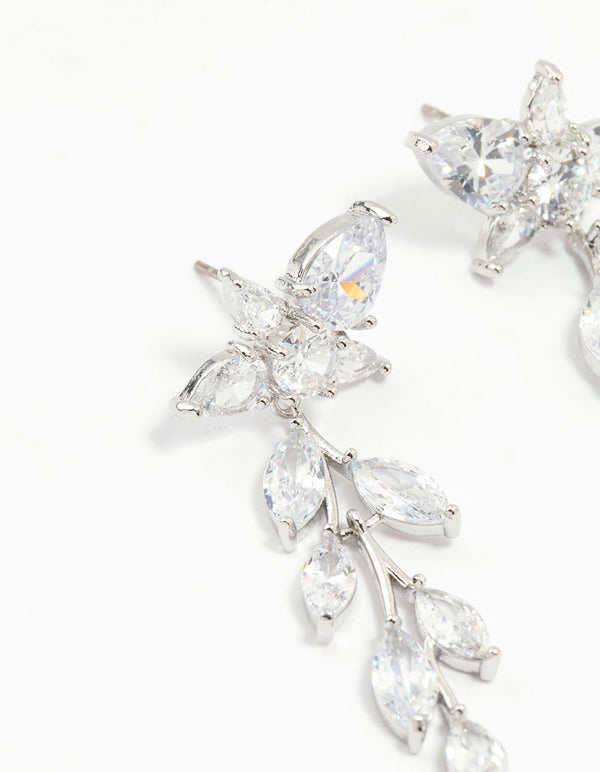 Silver Cubic Zirconia Leaf Flower Drop Earrings