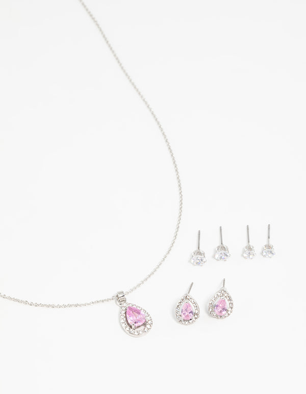Silver Pink Cubic Zirconia Drop Necklace & Stud Earrings Set