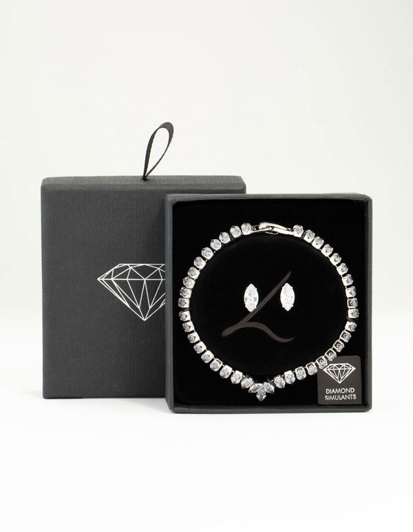 Silver Cubic Zirconia Marquise Tennis Bracelet & Earrings Set