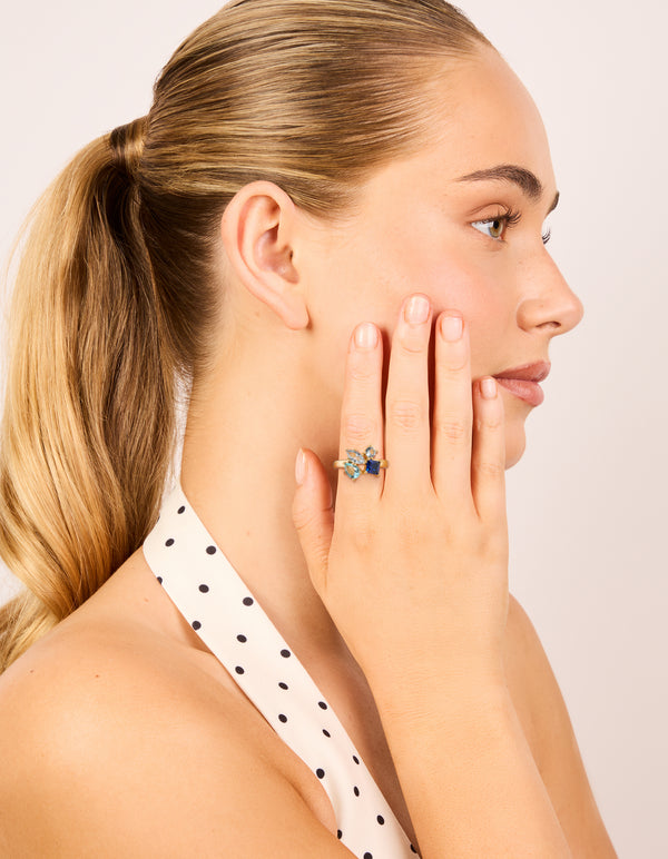 Gold Plated Light & Dark Blue Cubic Zirconia Cluster Ring