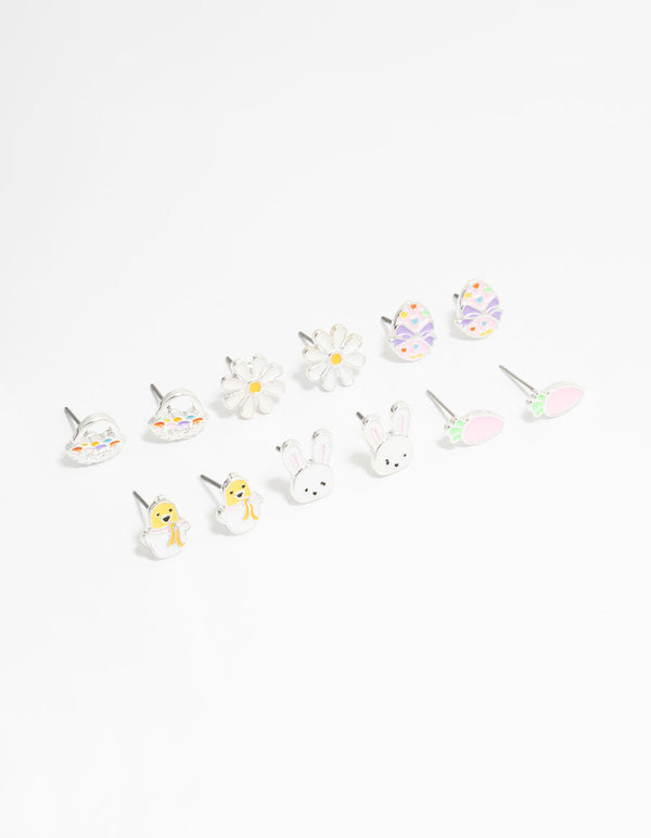Kids Silver Chick & Easter Bunny Stud Earrings 6-Pack