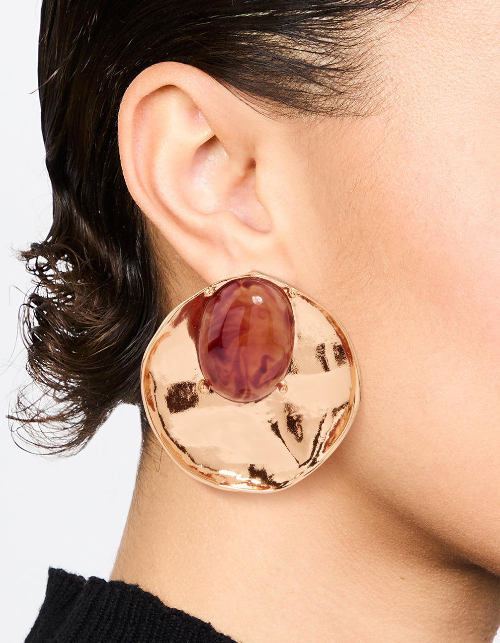 Gold Stone Disc Large Stud Earrings