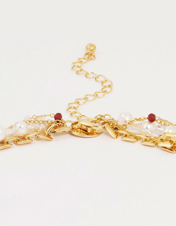 Gold Red Diamante Cross Layered Necklace