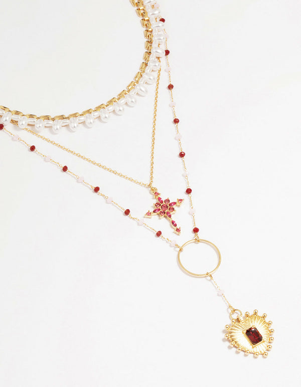 Gold Red Diamante Cross Layered Necklace