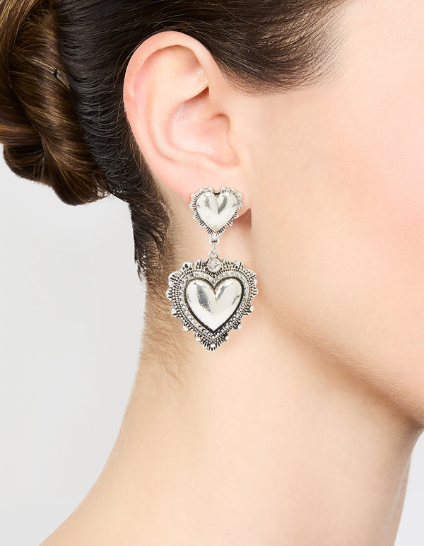 Silver Heart Drop Earrings