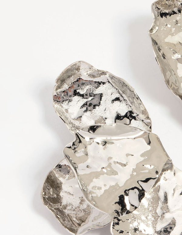 Silver Hammered Statement Petal Stud Earrings