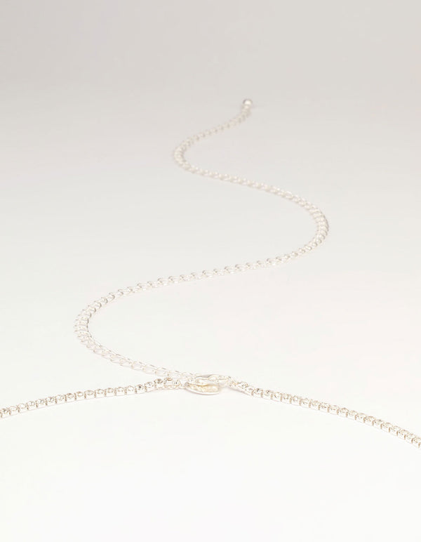 Showcasing a silver diamante cupchain waist chain embellished with beads and waisted shape detail view