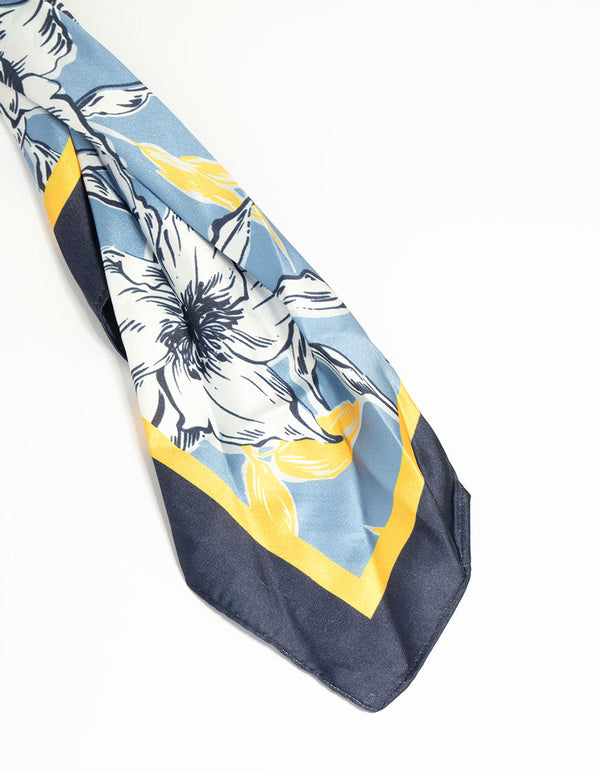 Blue Floral Outline Print Fabric Scarf