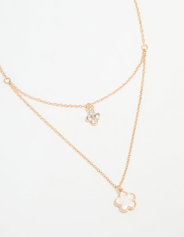 Gold Diamante Flower Layered Necklace
