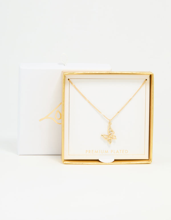 Gold Plated Cubic Zirconia Asymmetrical Butterfly Pendant Necklace