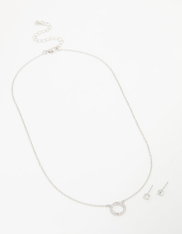 Silver Diamante Circle Pendant Necklace & Stud Earrings Set
