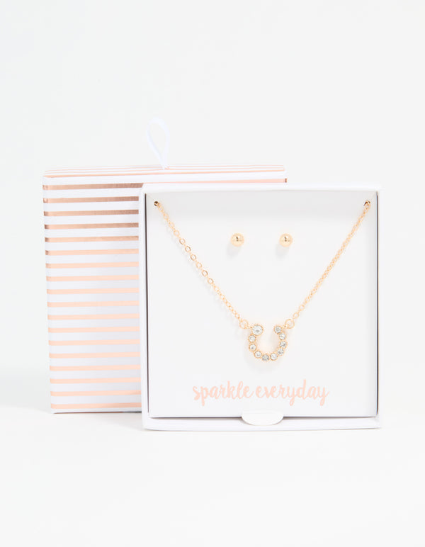 Gold Diamante Circle Necklace & Stud Earrings Set