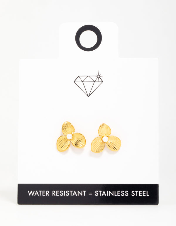 Discover waterproof gold plated stainless steel pearl flower stud earrings front view