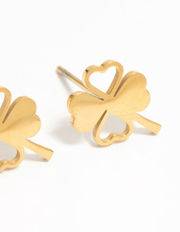 Displaying dainty heart clover stud earrings with waterproof gold plated stainless steel construction post detail view