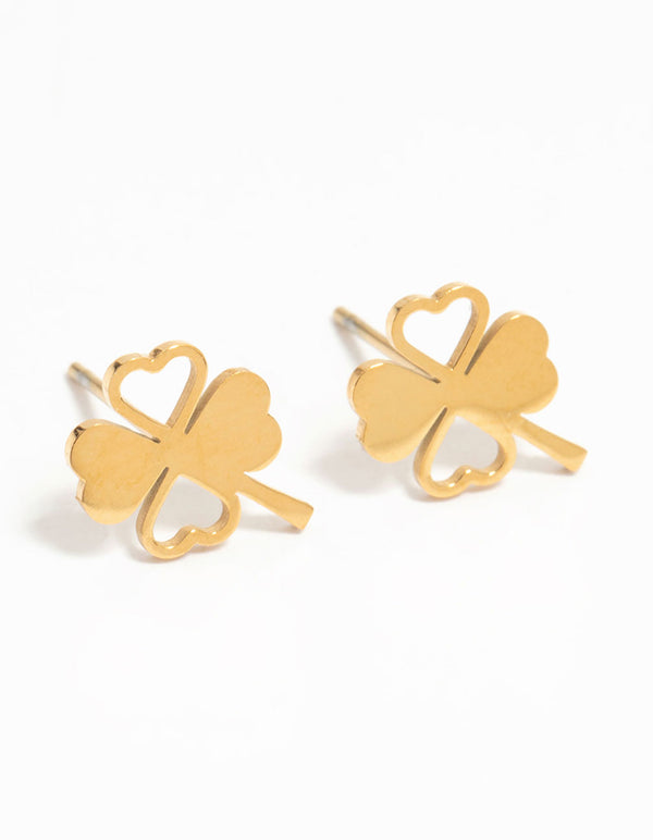 Showcasing dainty heart clover stud earrings crafted from waterproof stainless steel with gold plated finish front view