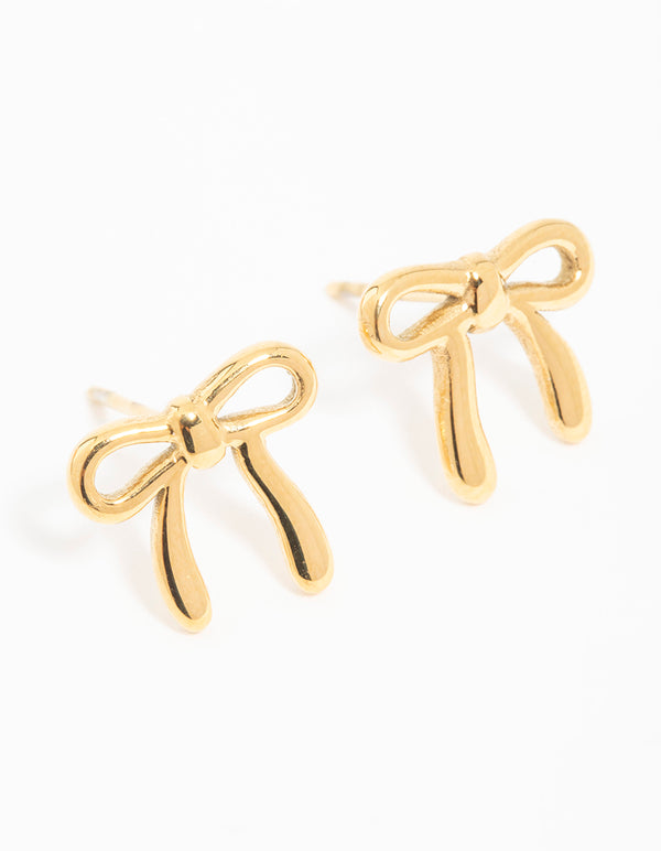 Showcasing dainty bow stud earrings crafted from waterproof gold plated stainless steel with enamel front view