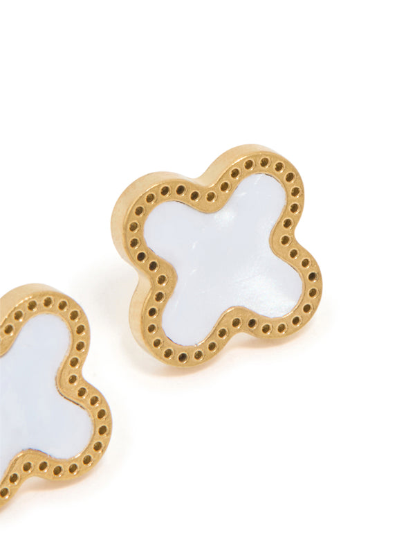 Highlighting waterproof stainless steel stud earrings with floral enamel in gold plated finish post detail view