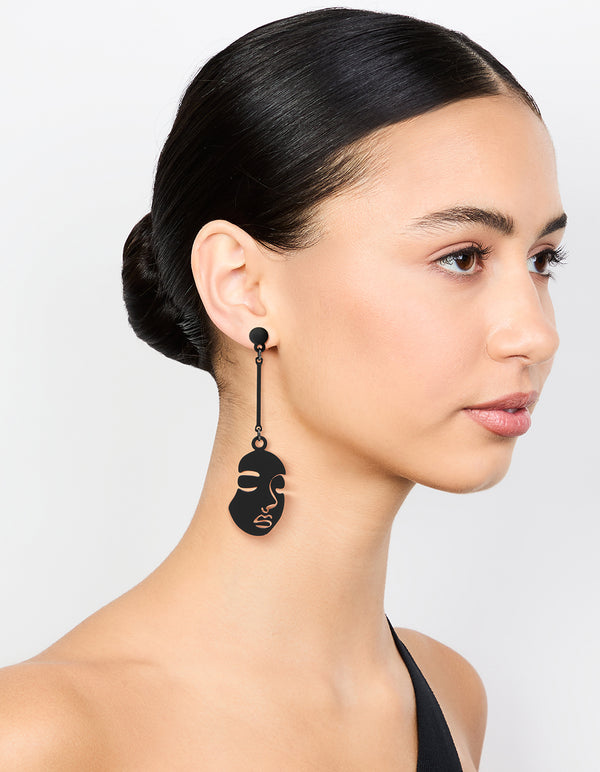 Silver Black Coated Metal Face Drop Earrings