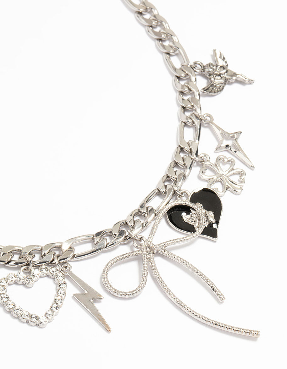 Silver Bow & Heart Charm Necklace