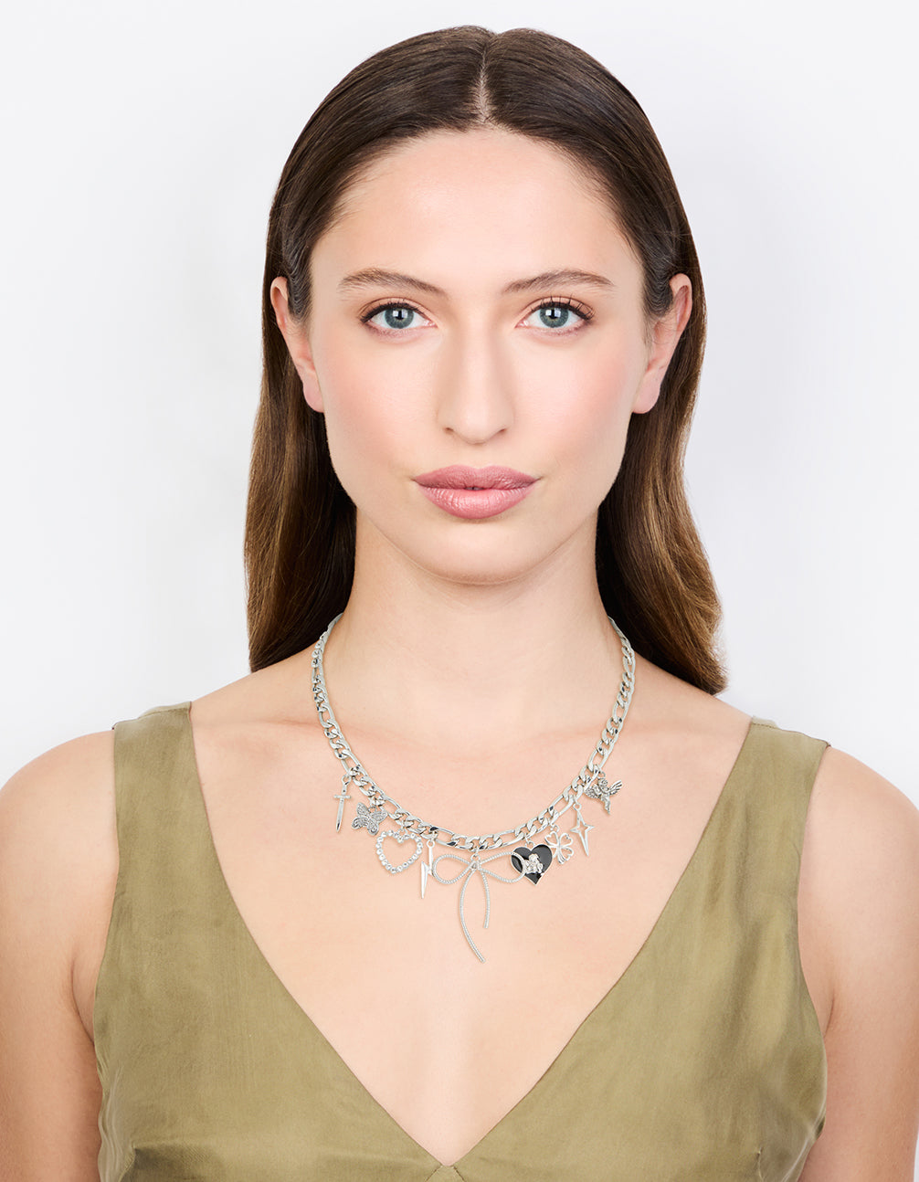 Silver Bow & Heart Charm Necklace