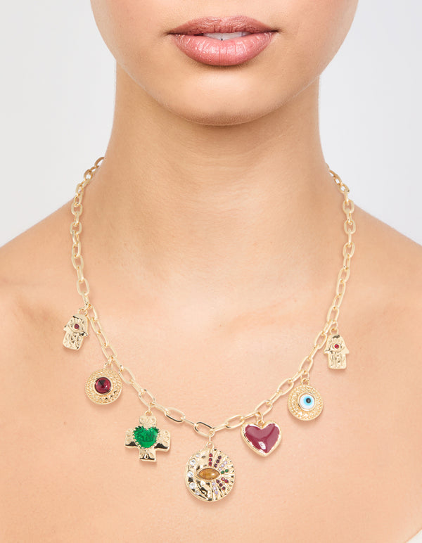 Gold Evil Eye & Hamsa Hand Charm Necklace
