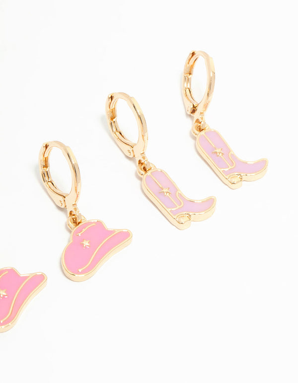 Kids Gold Pink Cowgirl & Heart Huggie Earrings 3-Pack